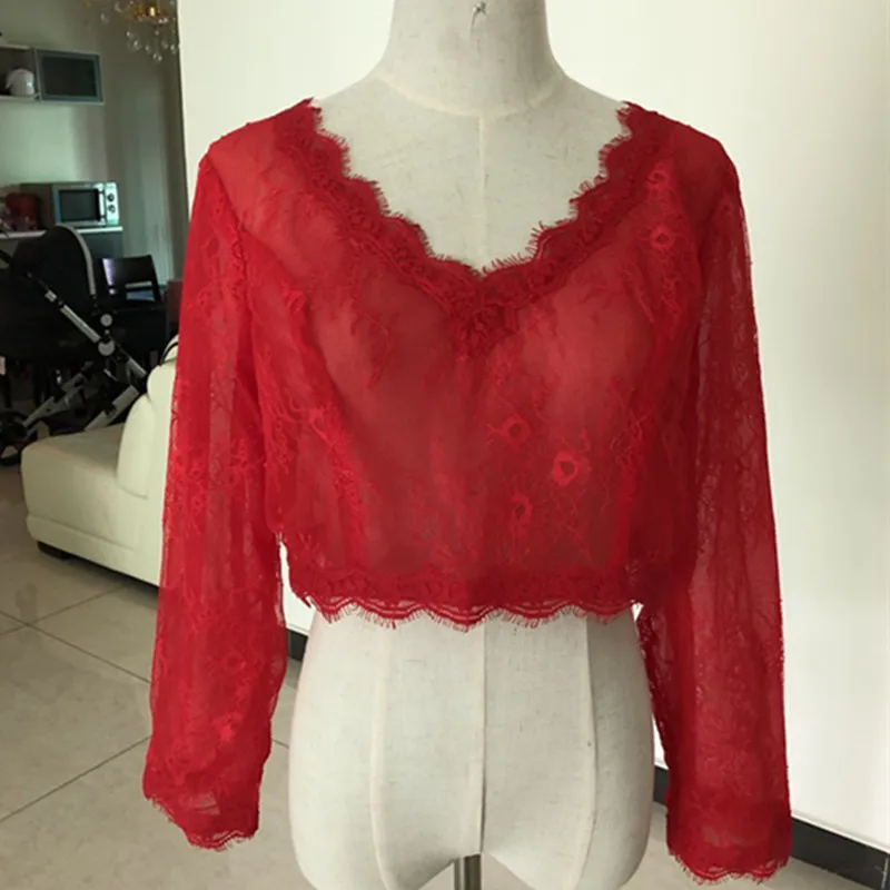 

Hot New V Neck Red Long Sleeves Wedding Wraps White Ivory Jackets Bolero Shawl Lace Appliques Tops Custom Size Bridal Jacket