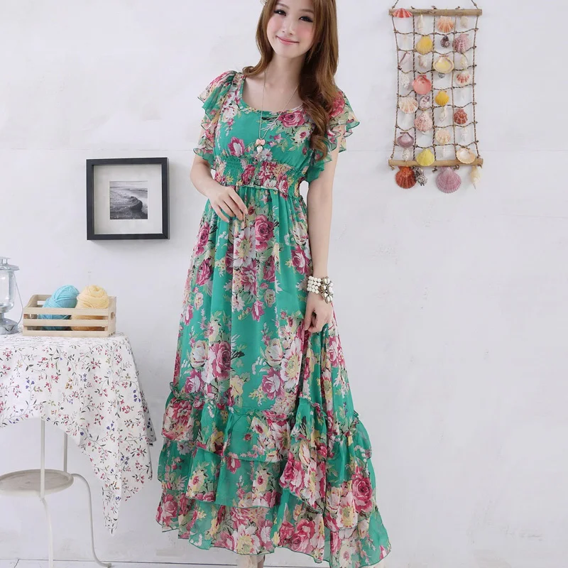 2014 hot 2013 summer women's bohemia slim waist dress beach chiffon one ...