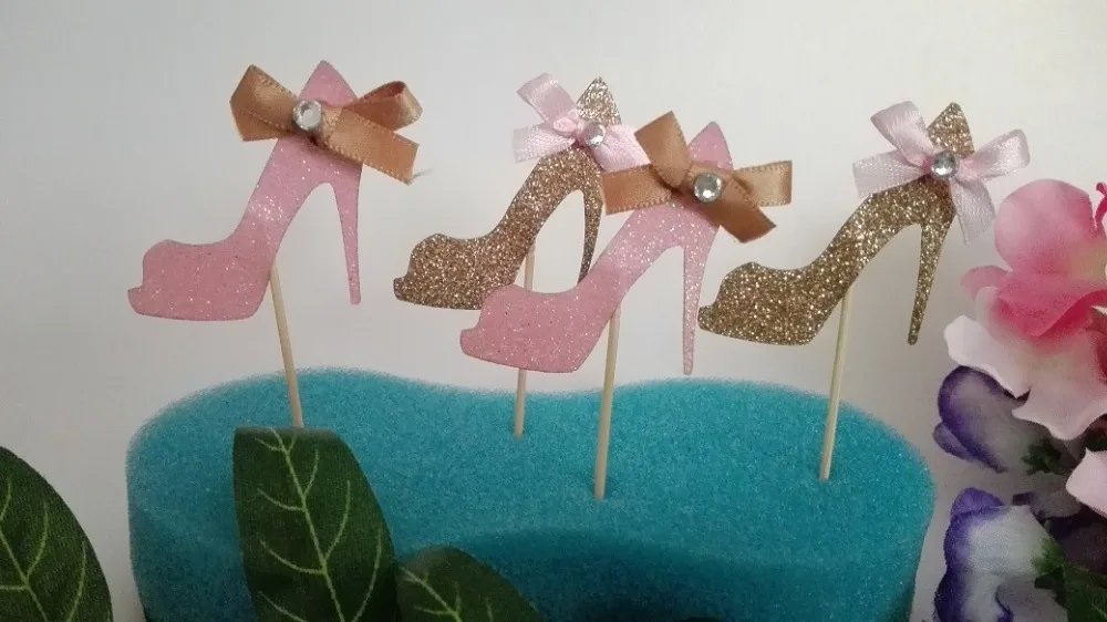 Glitter High Heel Shoes With Ribbon Cupcake Toppers Food Picks