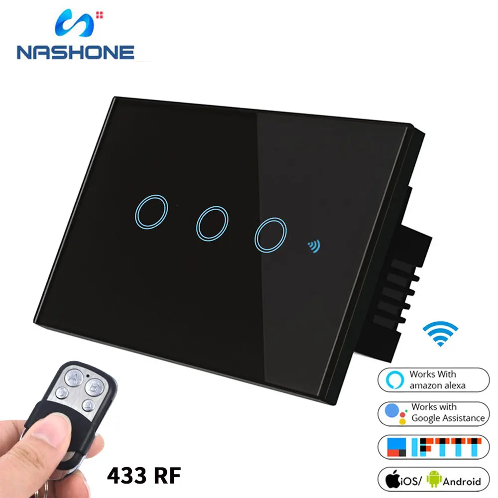 

WiFi Smart Wall Touch Light Switch EU/US version 1 2 3 Gang Panel Wireless Remote Control by Smart Phone with Alexa,433MHz RF