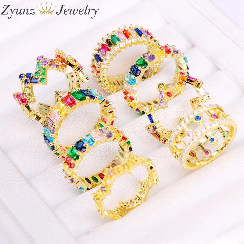 

10PCS, Mix Random, Hot sale rainbow gold filled ring micro pave cz eternity various colors stack colorful cz rings wholesale