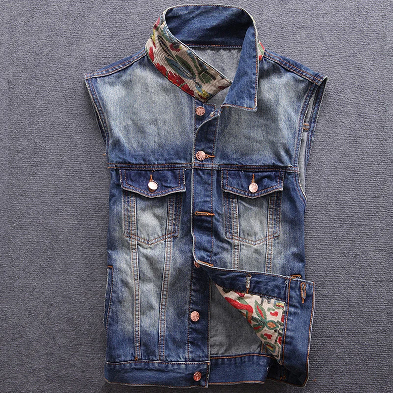 

High Street Fashion Men Jacket No Sleeve Indian Totem Embroidery Hip Hop Vest Men Coat Size S-3XL Punk Style Denim Jacket Vest