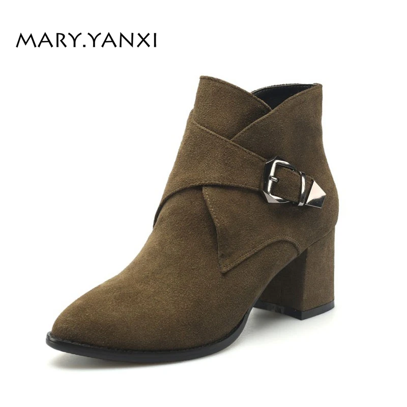 

Spring/Autumn Women Ankle Martin Chelse Boots Nubuck Genuine Leather Pointed Toe fashion Buckle Strap High Square Heels Solid