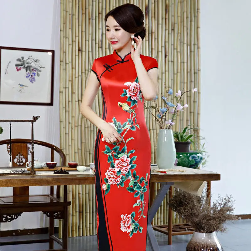 Chino tradicional dama largo Cheongsam seda de las mujeres de verano vestido de baile vestido M-3XL - 6