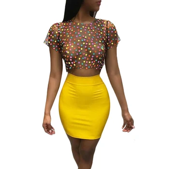 

Sexy 2 Piece Set Women Polka Dot Mesh Crop Tops Skirt Sets Slim O-neck Short Sleeve T-shirt+Shorts 2019 Perspective Club Outfits