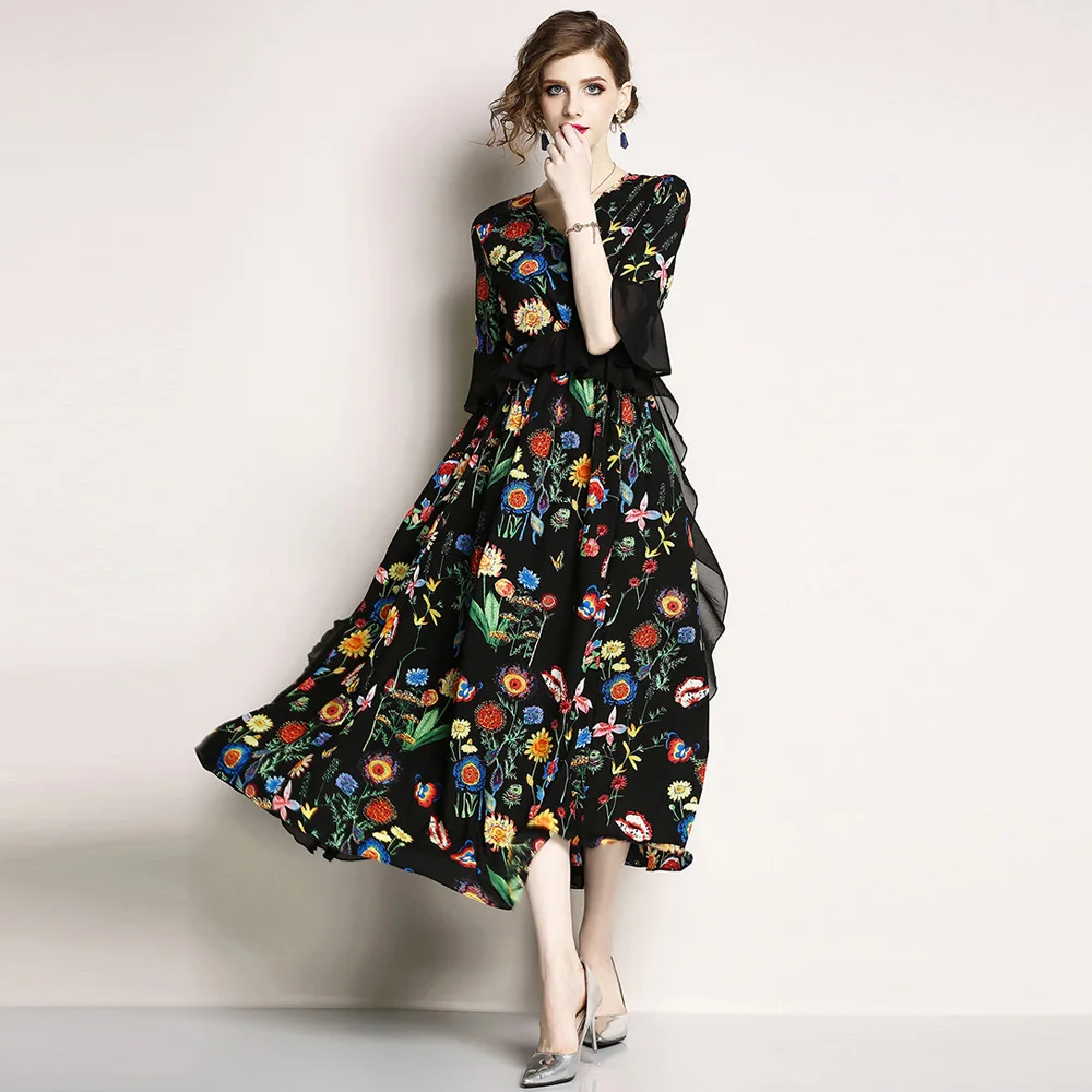 

floral print woman black chiffon summer dress v-neck ruffles female elegant a-line dress
