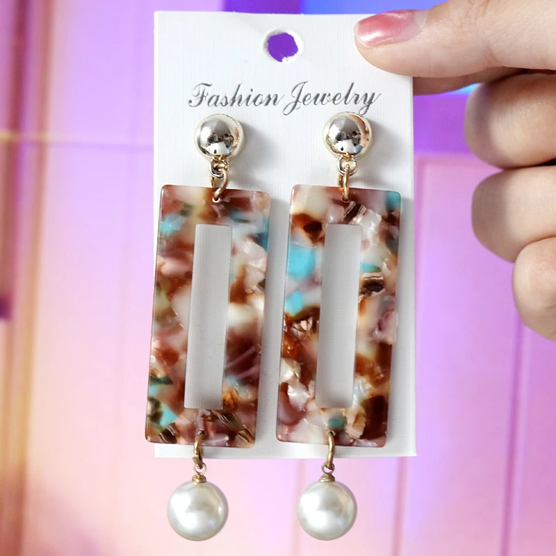 

MINHIN New Statement Earrings for Women Acrylic Acetic Acid Pendant Earrings Geometric Square Long Drop Earrings Pearl Earring