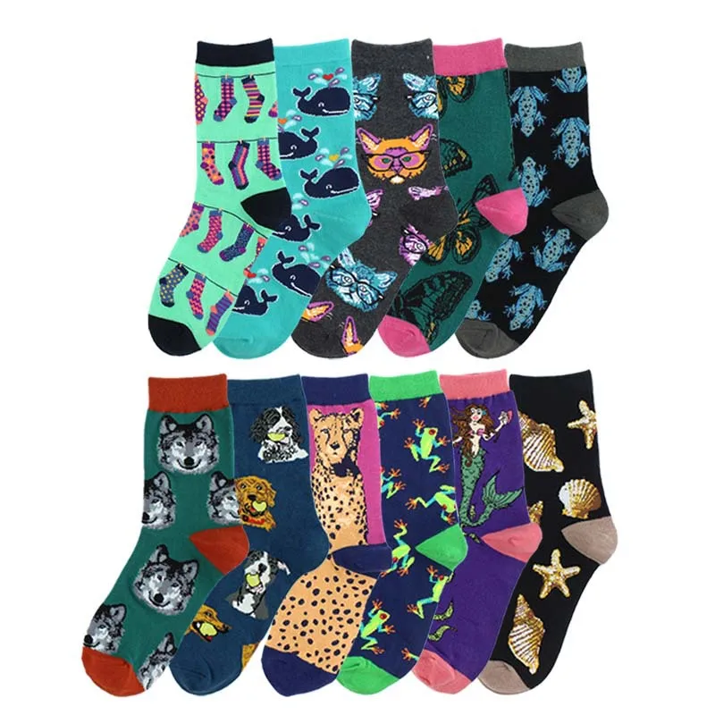 

Adult Size Mid Calf Crew Socks Starfish Conch Shell Fossil Cheetah Toad Butterfly Whale Mermaid Wolf Golden Retriever Great Dane