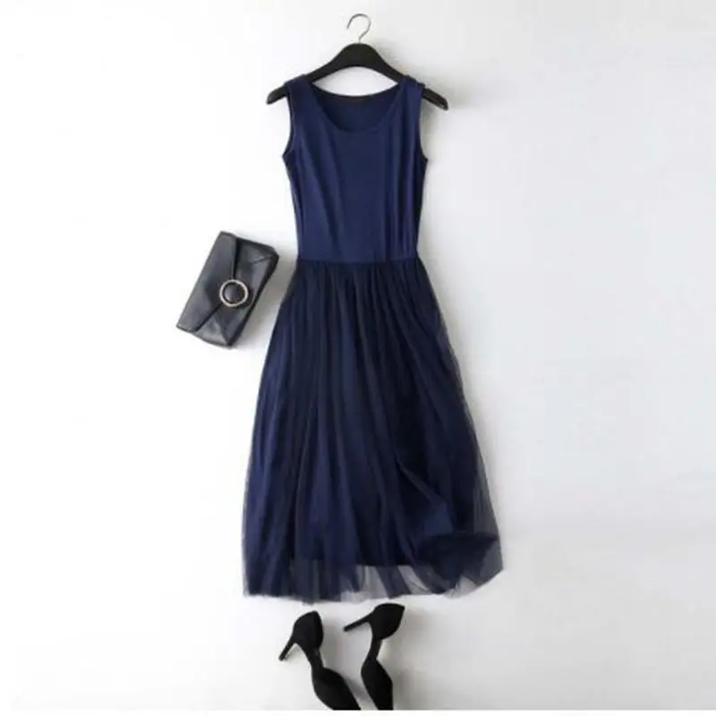 Sleeveless Mesh patchwork basic spaghetti strap Dress For Women 2020 Spring Tulle Elastic Lace Vest Summer Dress Female Sleeveless Mesh patchwork basic spaghetti strap Dress For Women 2020 Spring Tulle Elastic Lace Vest Summer Dress Female