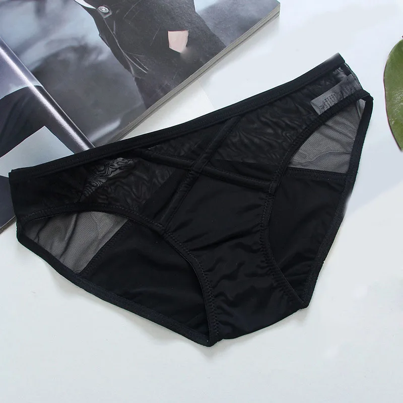 Высококачественная шелковая сетка, сексуальные женские трусики с низкой талией, прозрачное соблазнительное однотонное нижнее белье, бесшовное белье Calcinha - Цвет: black