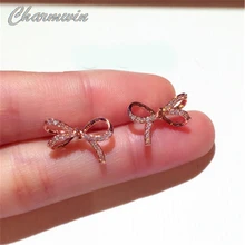 Корейские серьги-гвоздики для женщин новые модные серебряные иглы стразы серьги с бантами розового золотистого и серебристого цвета