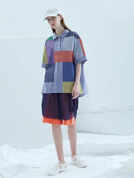 

IRINAY190 2019 ss collection original design tulle patched oversized long causal plaid shirt women