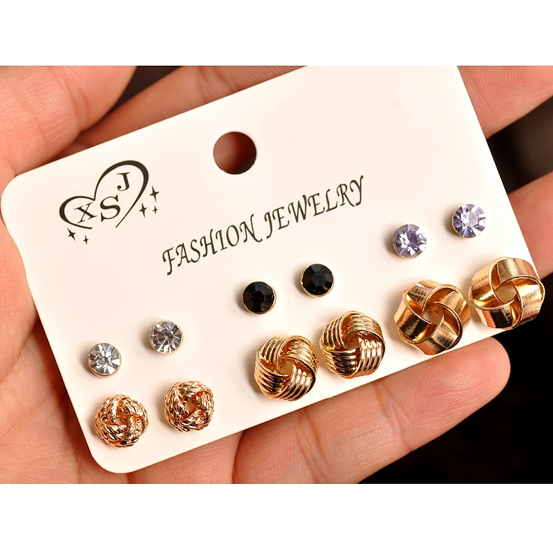 

New Fashion Women Jewelry Wholesale Girls Party Stud Earrings White Black Gold Hybrid 6 Pairs / Set Earrings Gifts Free Shipping
