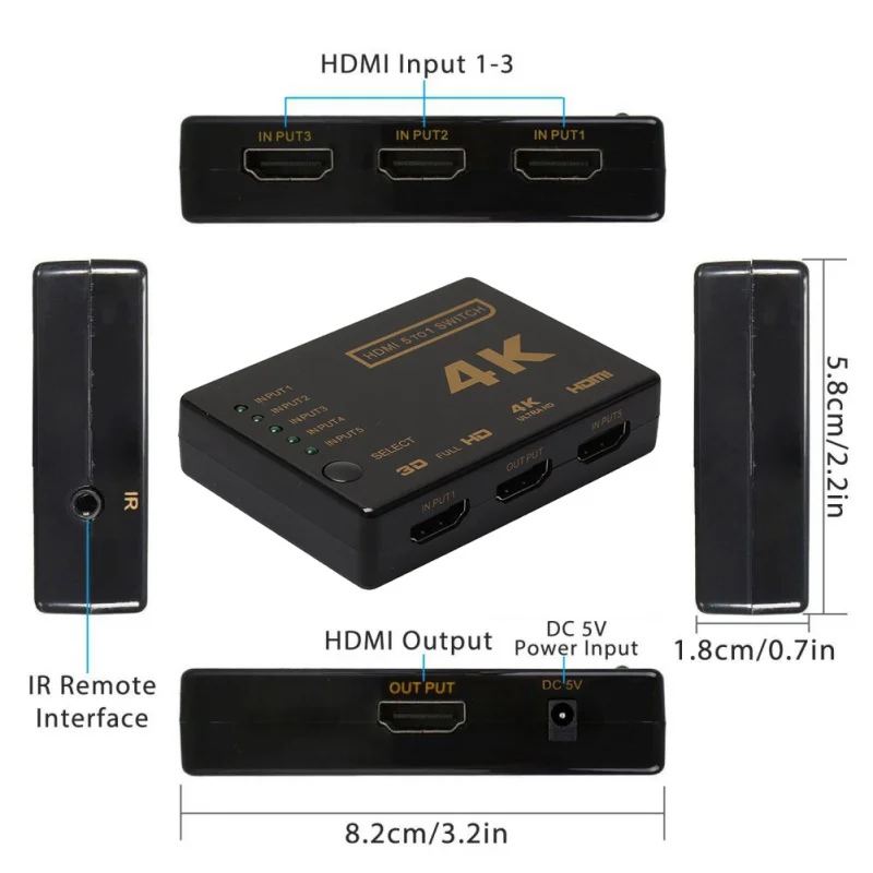 3D 1080 p 5 портов 4 K HDMI Переключатель Селектор сплиттер профессиональный мини-Коммутатор HDMI с концентратором ИК пульт дистанционного управления для HDTV DVD
