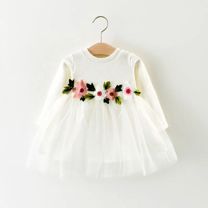 Платье принцессы для новорожденных и маленьких девочек, бальное платье-пачка с длинными рукавами и цветочным рисунком, нарядные платья, детская одежда - Цвет: Белый