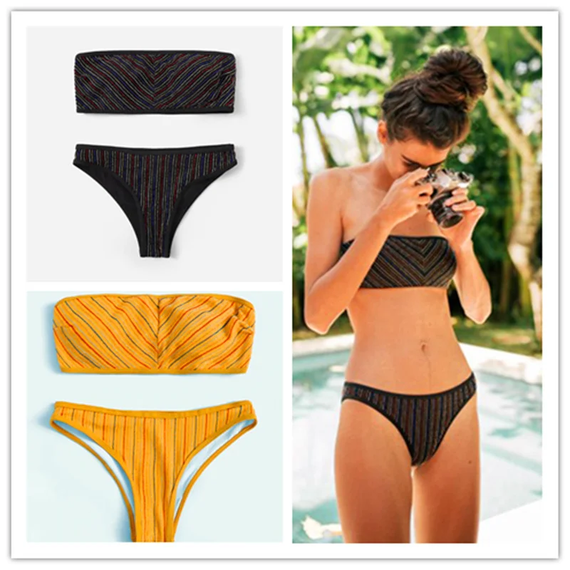 

2019 Off Shoulder Striped Bikini Bandeau Black Yellow Swimwear Women Bathingsuit Swimsuit Biquini