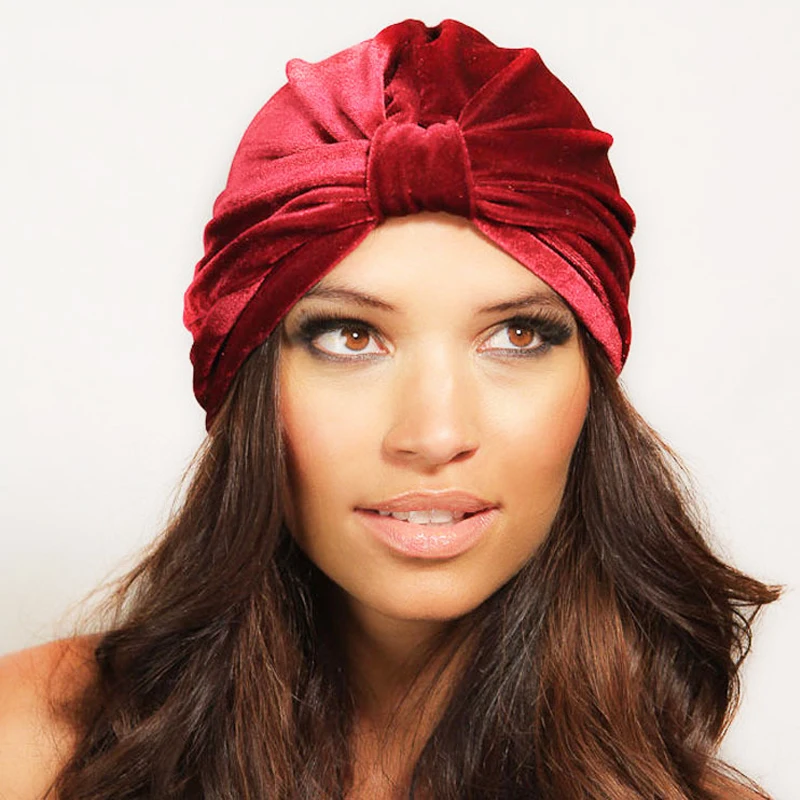 

2019 Trendy Gold Velvet Headscarf Hats Solid Color Stain Turban Bonnet For Women Hijab Wrap Head Indian African Hat jilbab