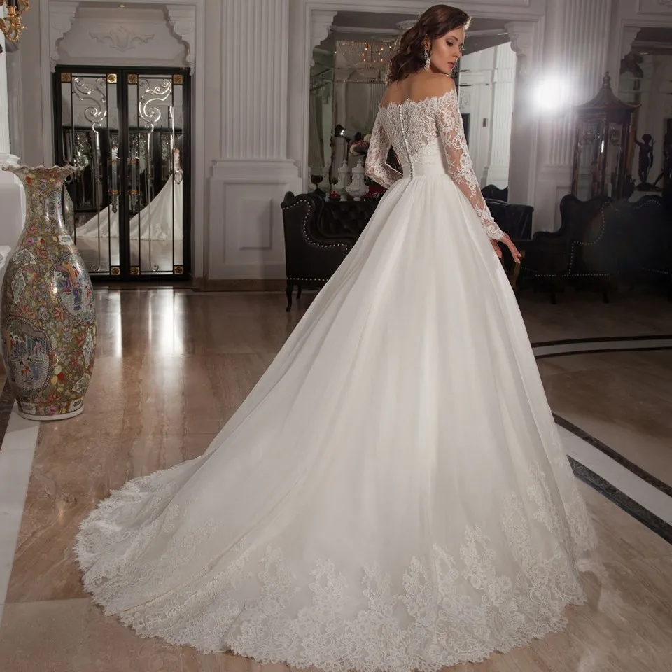 Wedding Dress 2017 Off The Shoulder A Line Lace Long Sleeve Tulle Wedding Dress 2017 Off The Shoulder A Line Lace Long Sleeve Tulle Court Train Sweetheart Gowns Free Shipping Mm202 In Dresses From