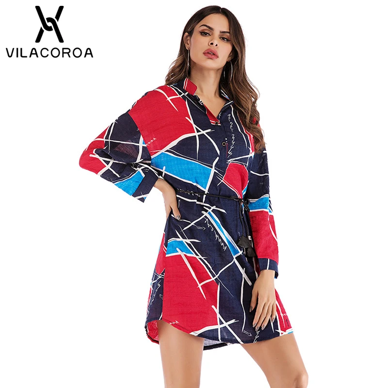 

NEW Fashion Vintage Lapel Long Sleeve Lace-Up Blouse Women Streetwear Graffiti Stitching Long Women's Shirt dress chemise femme