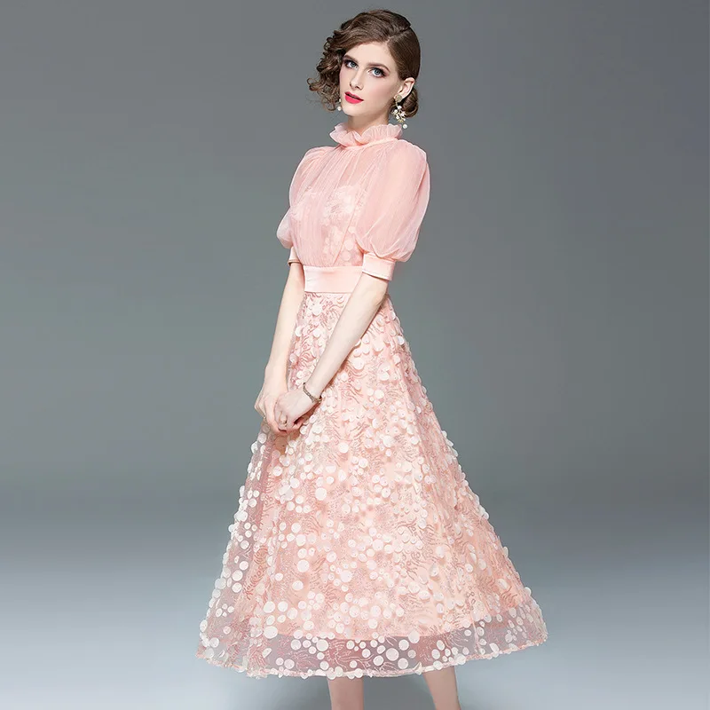 Новые осенние длинные платья короткая с рукавом-фонариком сетка вышивка стоячий воротник повседневное розовое платье