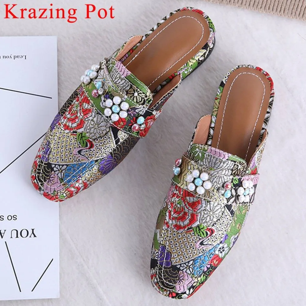 

Krazing Pot new arrival ethnic style embroidery silk material slip on mules large size mules square toe pretty girls pumps L03