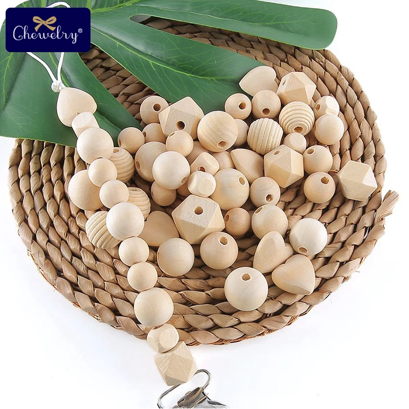 45pc Geometric Wooden Beads Pacifier Clips Chain Chewable Spacer Beads DIY Bracelet Necklace Accessories For Kids Wooden Teether