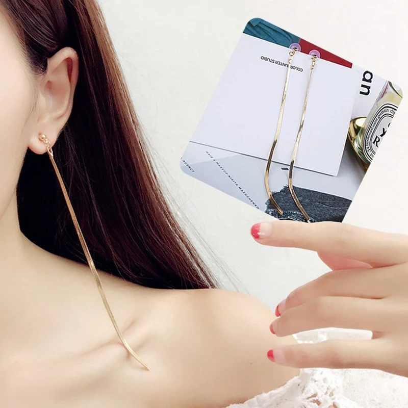 

2019 Korean Minimalist Style Ear Accessories All Match Long Earrings For Women Metal Snake Chain Tassel Earrings