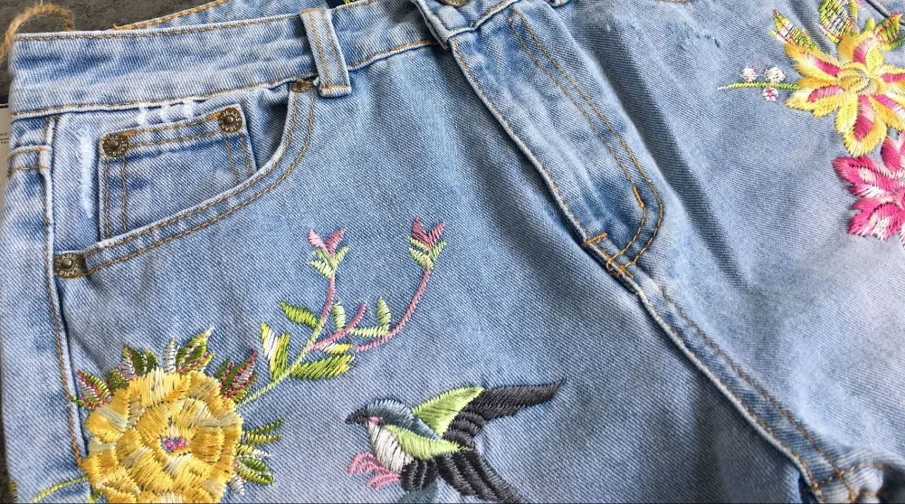 2017 Europe and the United States women's 3D three-dimensional heavy craft bird flowers front and rear side embroidery high waist straight irregular wear jeans (13)
