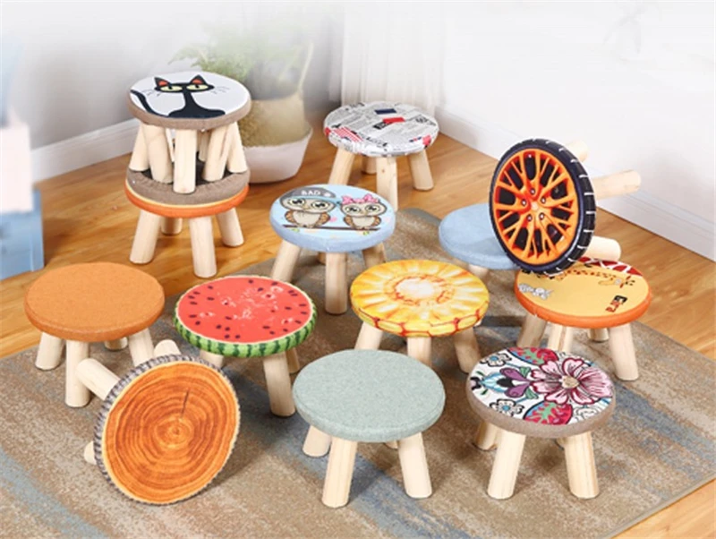 

Fashion Children's 4 Legs Mushroom Upholstered Footstool Nordic Round Pouffe Stool Wooden Leg Pattern Fabric for home