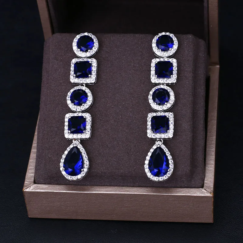 

B305B High Quality Fashion Design AAA+ CZ Crystal Drop Zircon Earring for Wedding Romantic Blue Zirconia Jewelry