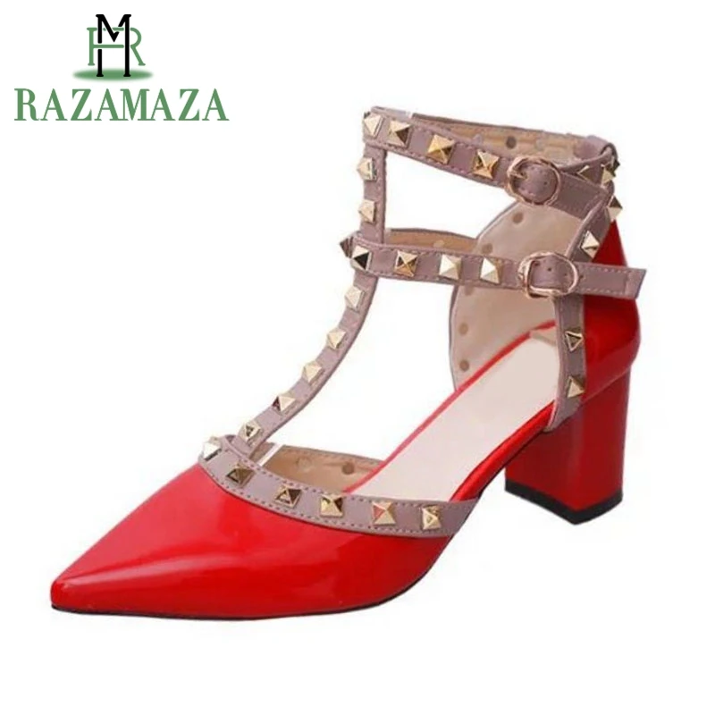 

ZALAVOR 4 Colors Women High Heel Sandals Thick Heels Buckle Pointed Toe Rivets Women Sandals For Party Club Footwear Size 34-39