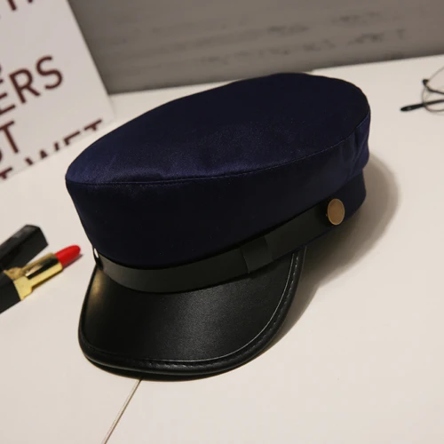 Blue B Модная шапка из искусственной кожи в стиле милитари, осенне-зимняя шерстяная шляпа моряка для женщин и мужчин, Черная Женская кепка с плоским верхом для путешествий, Кепка Капитана - Цвет: Blue B
