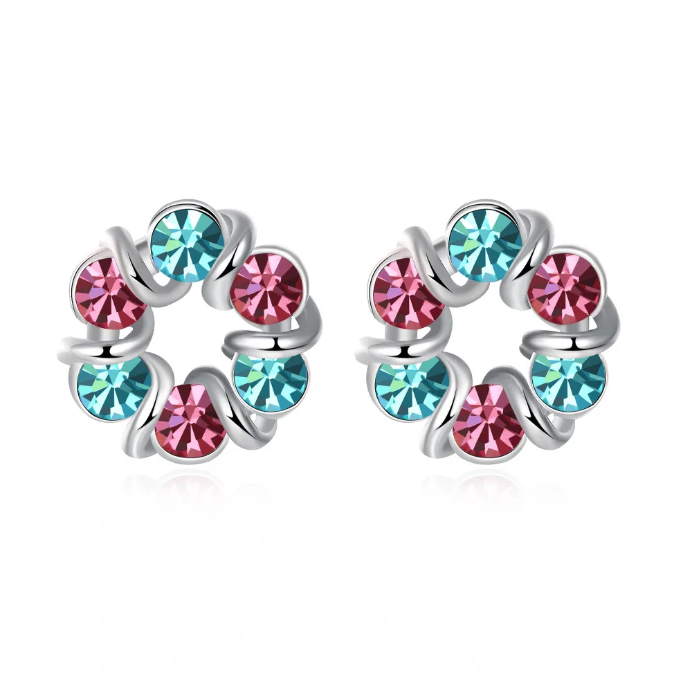 

925 Sterling Silver hollow circle round Colorful AAA Zircon Stud Earrings for Women Sterling Silver Jewelry Bijoux