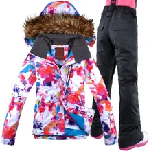 Gsou снег Для женщин лыжный костюм зимняя Костюмы ветрозащитный Водонепроницаемый с капюшоном Женский лыжная куртка+ брюки супер теплый Лыжный Спорт сноуборд комплект