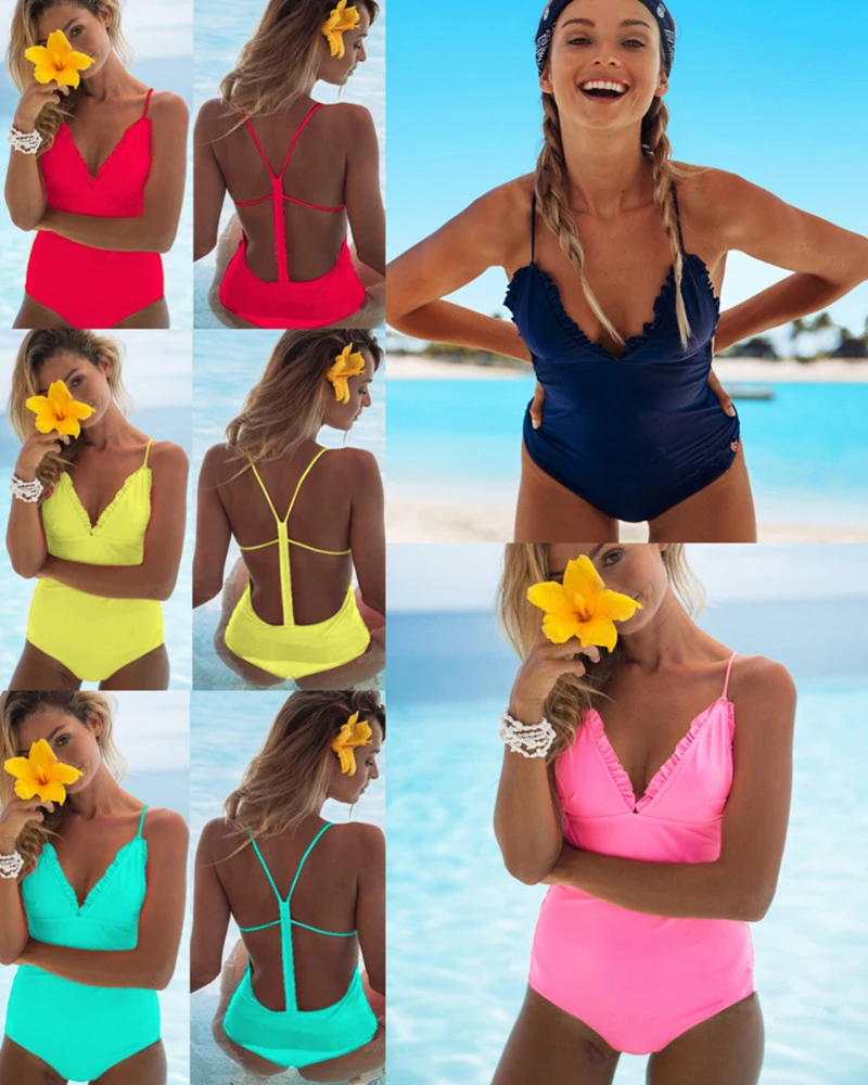 

Bikini 2019 Swimsuit With Ruffle One Piece Bath Suits Push Up Bikini Swimsuit Solid Red Pink Yellow Trikini Bathing Suit Women