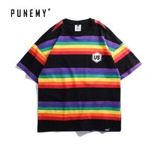 Stripe Rainbow LGBT Printed T-shirts Unisex Oversized t shirt High Street Clothing Drop Shoulder Brand Male Homme T-shirts drop shoulder milk print high low t shirt