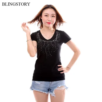 

BLINGSTORY Plus Size Summer Tee with Diamond Print Short Sleeve V-neck Cotton Woman T-shirts Drop Shipping