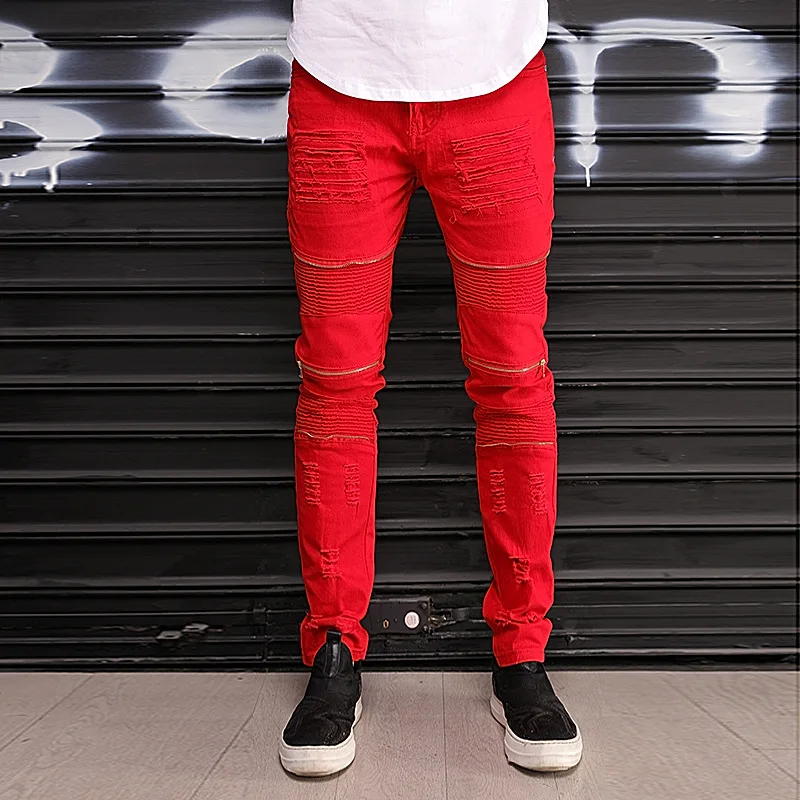 2019 New Fashion High Street Men's Jeans Zipper Knee Hole Male Spring Red Denim Elastic Skinny Ripped Trousers | Мужская одежда