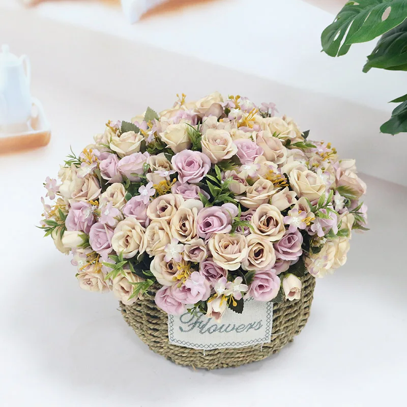 Flone Artificial European Silk Small Rose Fake Flowers Bouquet Wedding Flower Row DIY Accessories Material Home Party Decoration (3)