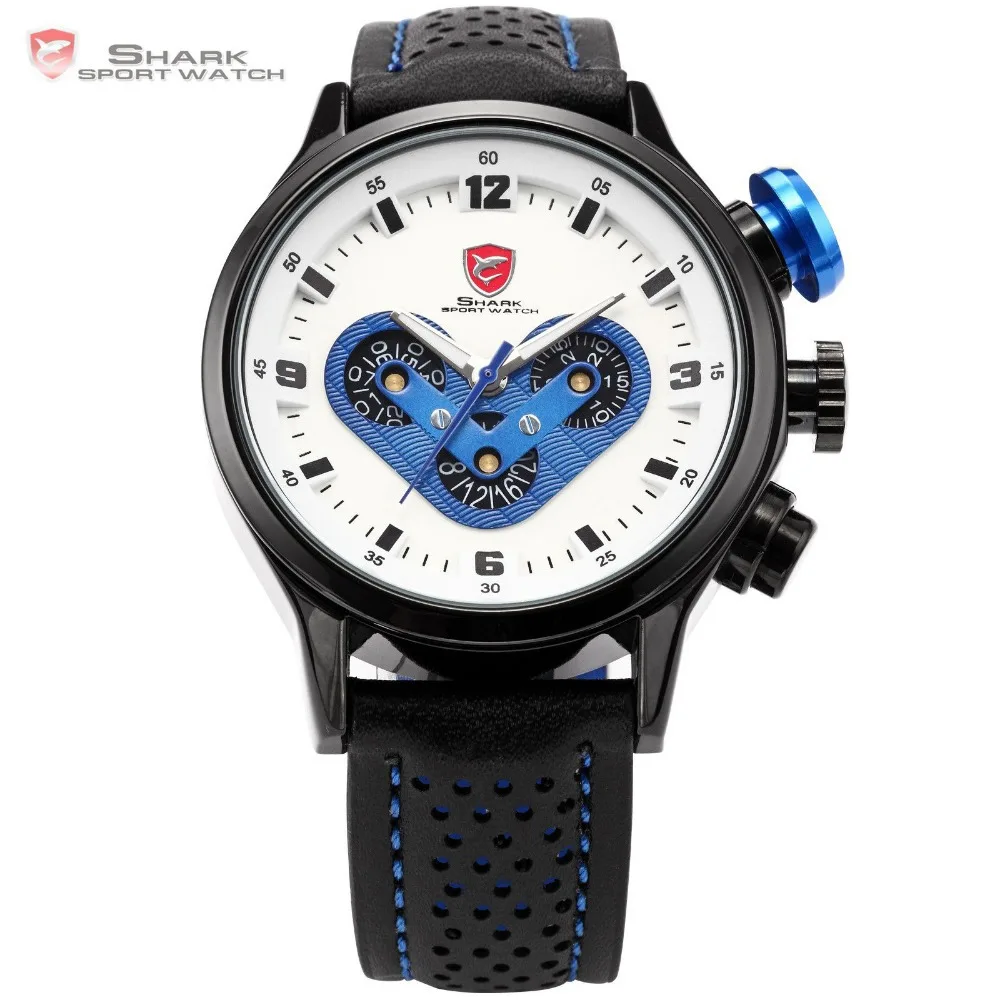 SHARK Sport Watch Date Stainless Steel Case Leather Strap White Blue