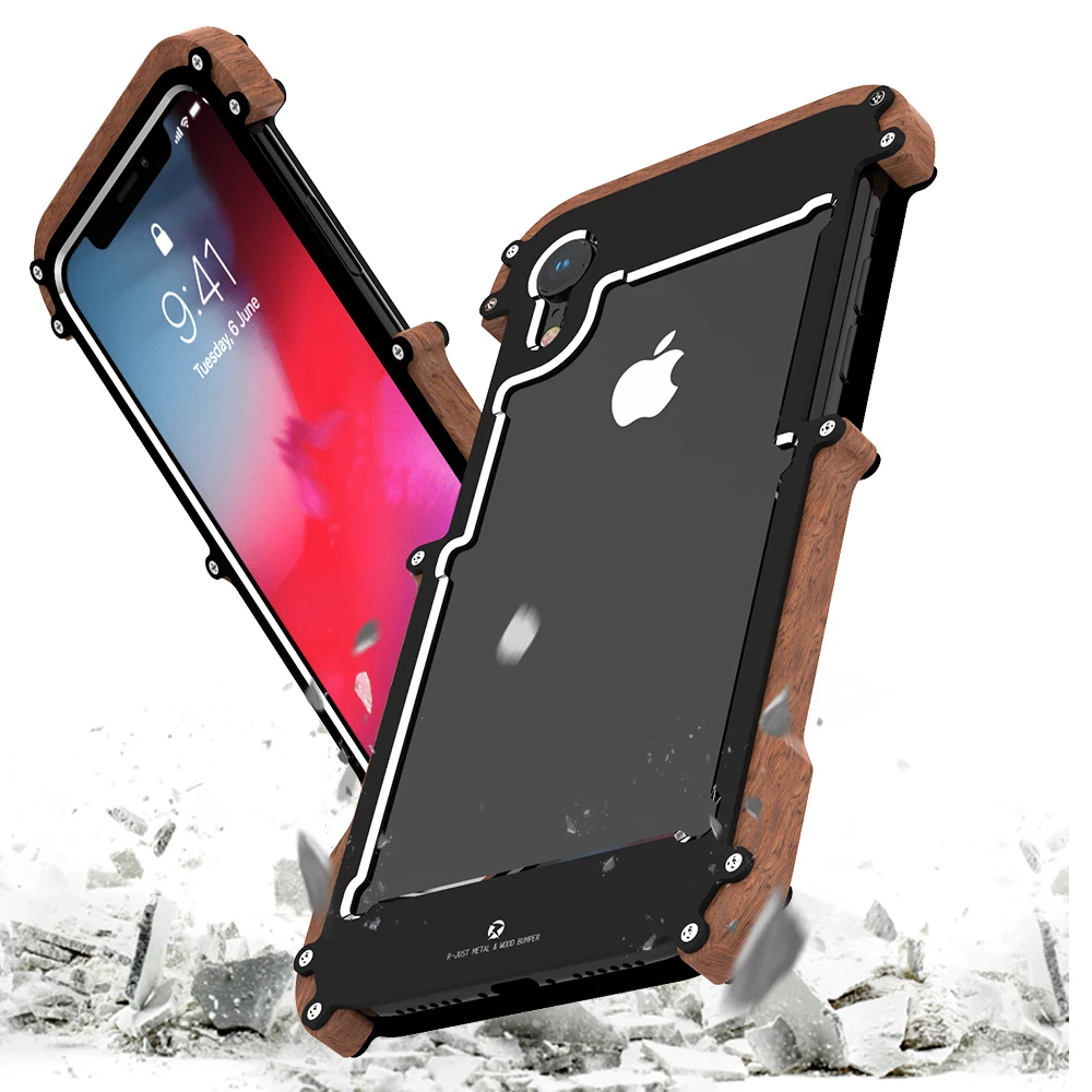 

R-Just For Apple iPhone 7 Case Original Luxury Hard Metal Wood Protective Bumper Phone Case For iPhone X 5 S 6 6S 7 8 Plus Cover