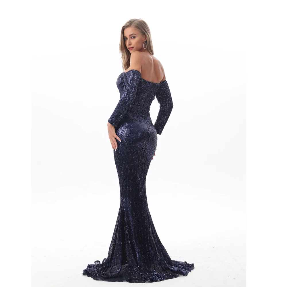 

Sexy Hollow Out Off The Shoulder Long Sleeve Sequin Party Dress Stretch Floor Length Bodycon Navy Blue Dress Gown