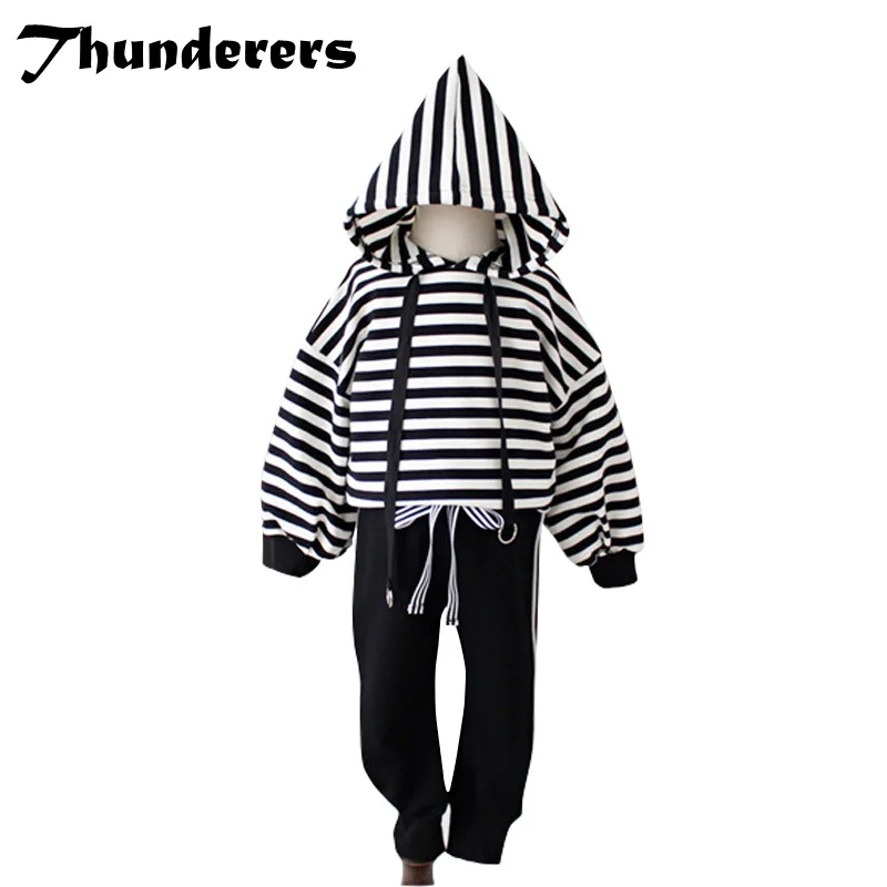 Thunderers Spring Autumn Children Sport wear Hooded Striped Shirt &amp Long Pants Children's 2pcs Outfts Kids Clothes Suit 24M-6Y |