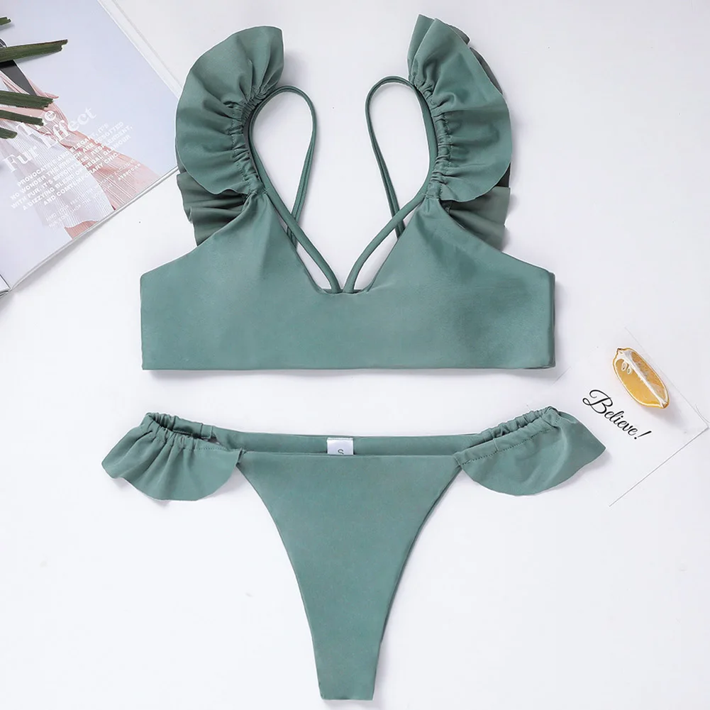

Ladies Split Swimwear Set Solid Color Sling Bikini Hem Briefs Swimsuits for Beach BB55