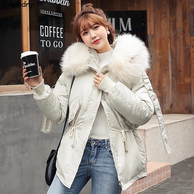 Orwindny Winter Coat Women Large Fur Collar Winter Parkas Female Slim Fashion Short Cotton Padded Jacket Hooded Wadded Coat