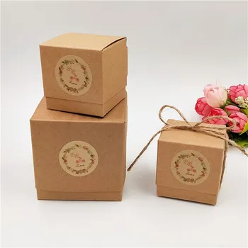

50Pcs/Lot Handmade Paper Box Container For Engagement Birthday Party Cake Dessert Candy Box With Strings Lid And Free Stickers