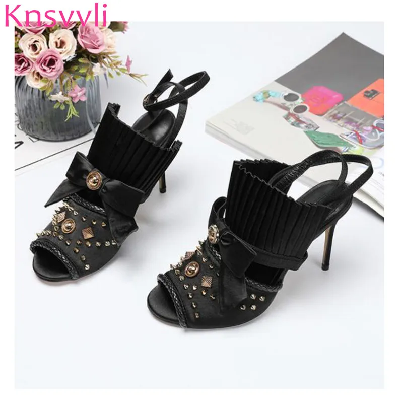 New High Heels Sandals Women Rivet Metal decoration Bowknot Pleated Runway Shoes Ladies Ankle 