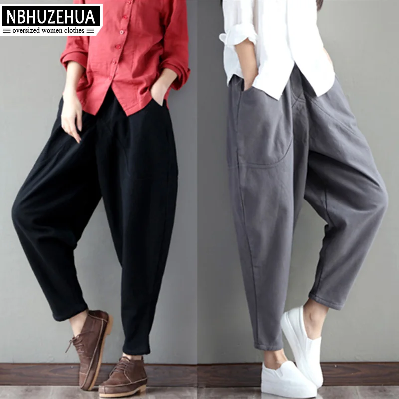 

NBHUZEHUA 7G942 Plus Size Women Pants Autumn Solid Vintage Harem Pants Female Trouser Cotton Linen Big Size Pants For Women 5XL