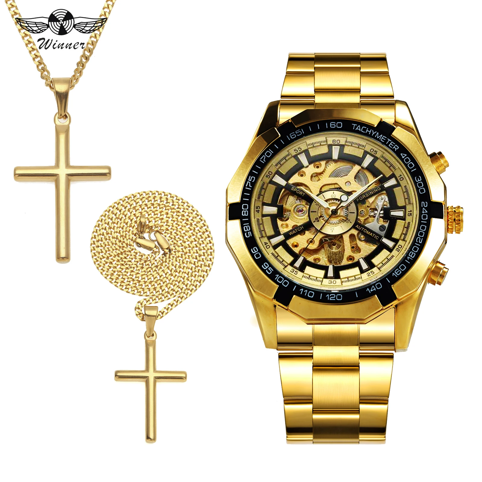 

WINNER Official Punk HIP HOP Watch Men Jewelry Set Fashion Auto Mechanical Mens Watches Top Brand Luxury + Golden Cross Necklace