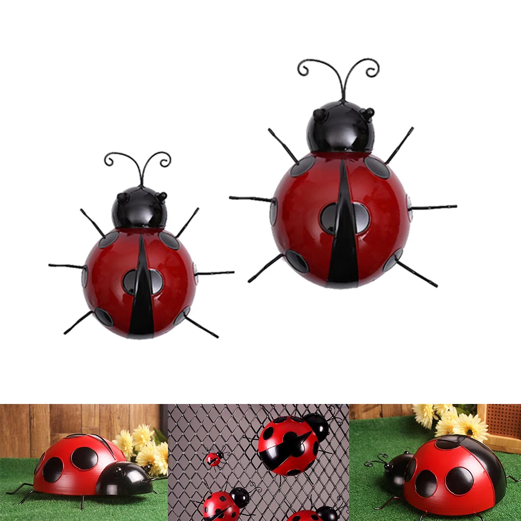 2pcs Metal Ladybug Fence Hanger Wall Hanging Outdoor Garden Decorative Figurine Wall Art, Red, 10cm 16cm